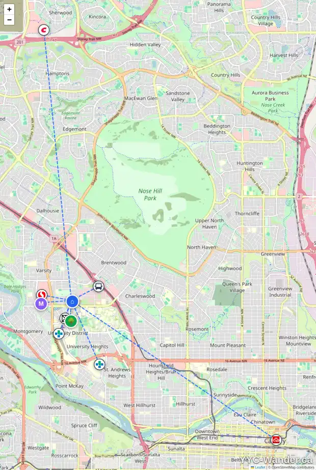 Daily accessibility map for 3419 VARAL RD NW, Calgary showing nearby schools, grocery stores, parks, LRT stations and nearby amenities