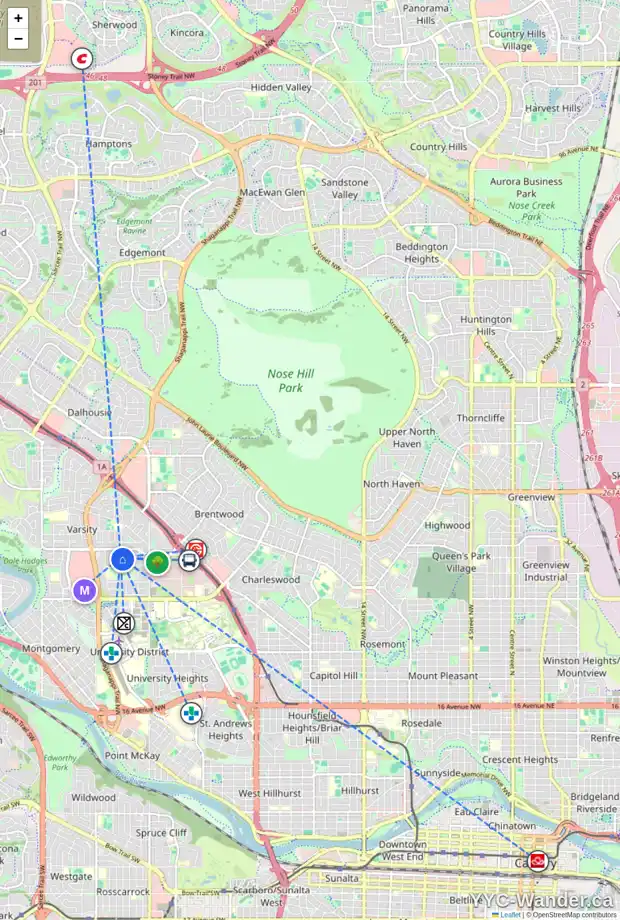 Daily accessibility map for 6 VARSPLAIN PL NW, Calgary showing nearby schools, grocery stores, parks, LRT stations and nearby amenities