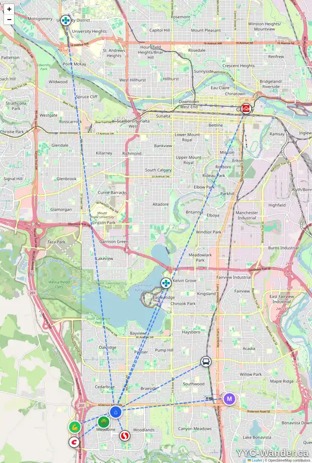 Daily accessibility map for 88 WOODFORD CL SW, Calgary showing nearby schools, grocery stores, parks, LRT stations and nearby amenities