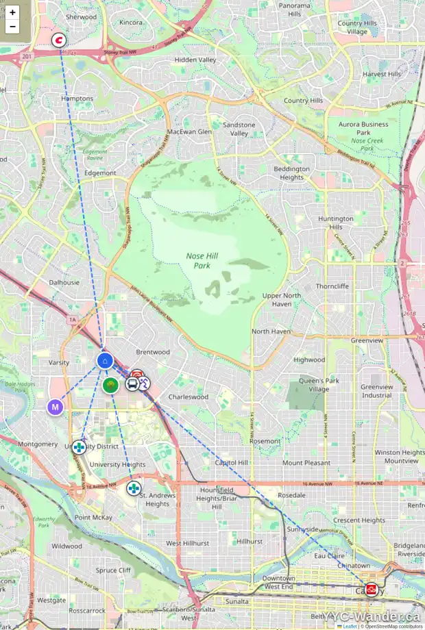 Daily accessibility map for 4415 37 ST NW, Calgary showing nearby schools, grocery stores, parks, LRT stations and nearby amenities