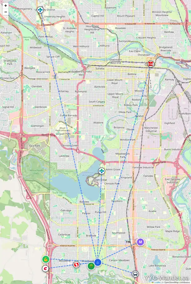 Daily accessibility map for 12412 17 ST SW, Calgary showing nearby schools, grocery stores, parks, LRT stations and nearby amenities