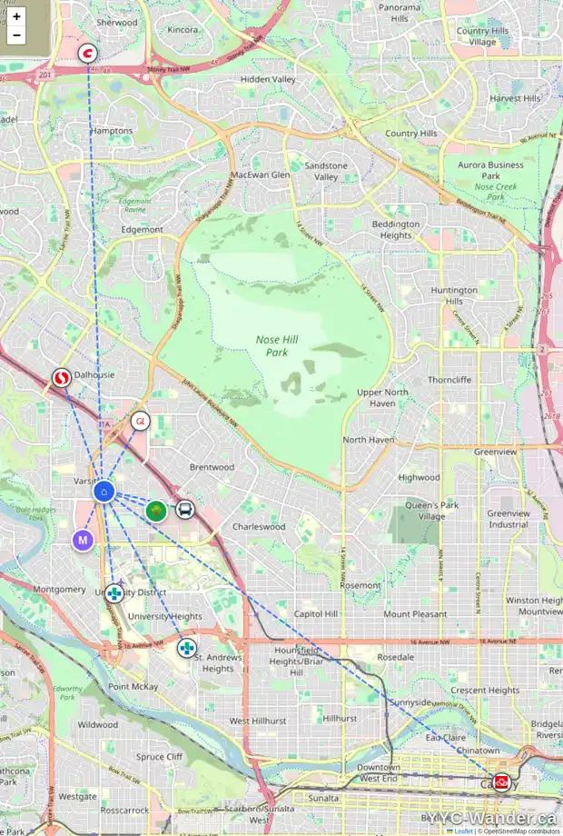 Daily accessibility map for 4536 VANDERGRIFT CR NW, Calgary showing nearby schools, grocery stores, parks, LRT stations and nearby amenities