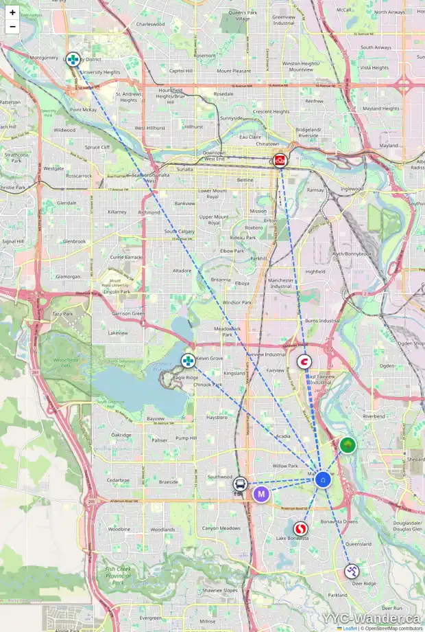 Daily accessibility map for 10807 MAPLEFORD RD SE, Calgary showing nearby schools, grocery stores, parks, LRT stations and nearby amenities