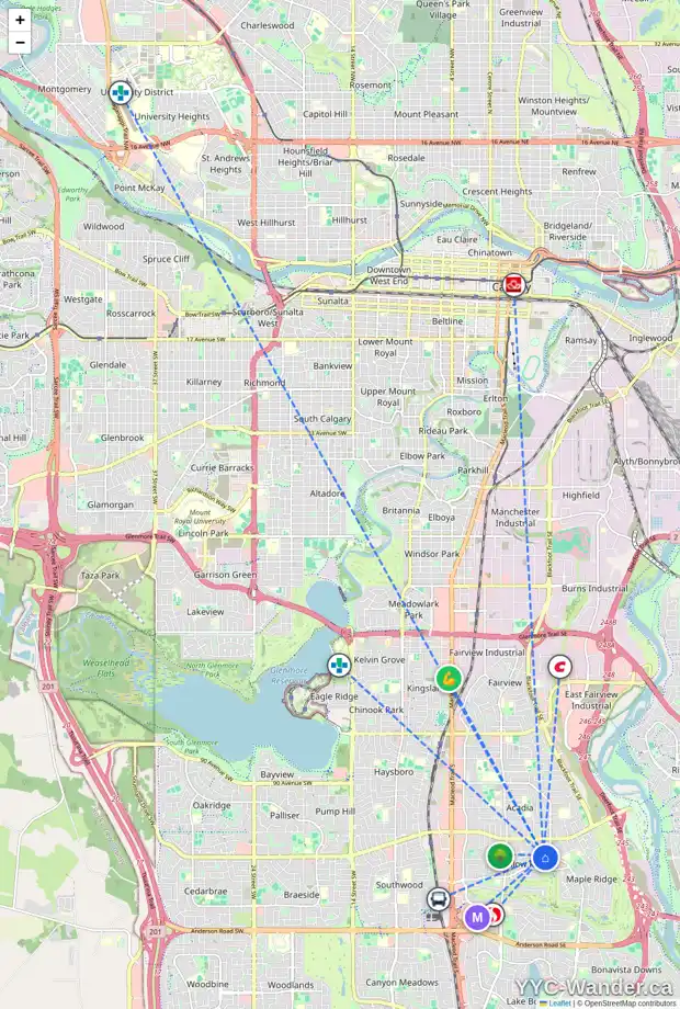Daily accessibility map for 627 WILLOWBURN CR SE, Calgary showing nearby schools, grocery stores, parks, LRT stations and nearby amenities