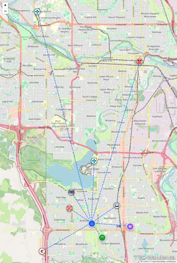 Daily accessibility map for 1731 110 AV SW, Calgary showing nearby schools, grocery stores, parks, LRT stations and nearby amenities