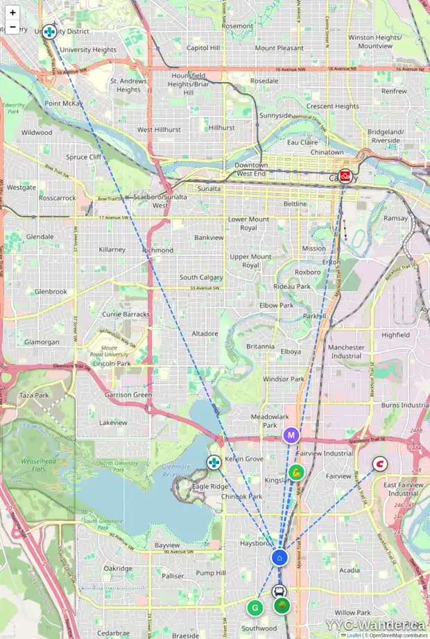 Daily accessibility map for 48 HARROW PL SW, Calgary showing nearby schools, grocery stores, parks, LRT stations and nearby amenities