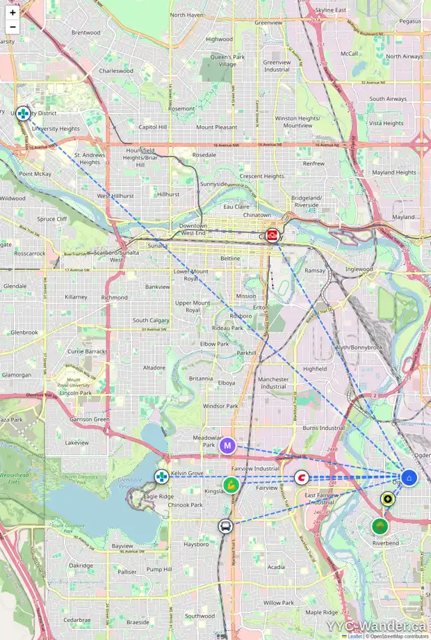 Daily accessibility map for 159 LYNNWOOD DR SE, Calgary showing nearby schools, grocery stores, parks, LRT stations and nearby amenities