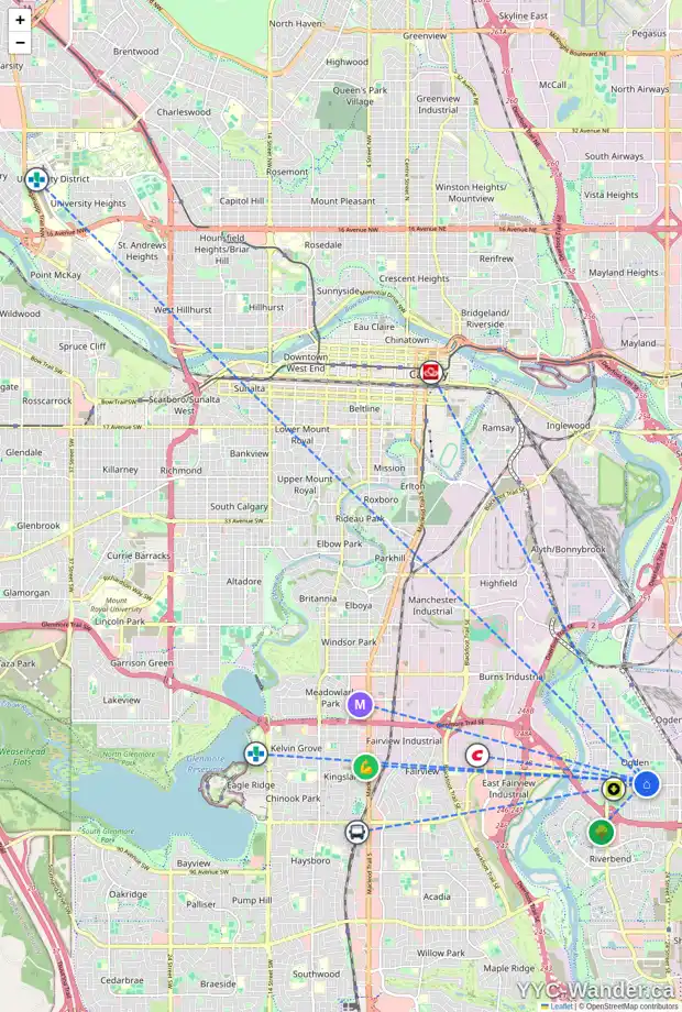Daily accessibility map for 7436 21A ST SE, Calgary showing nearby schools, grocery stores, parks, LRT stations and nearby amenities