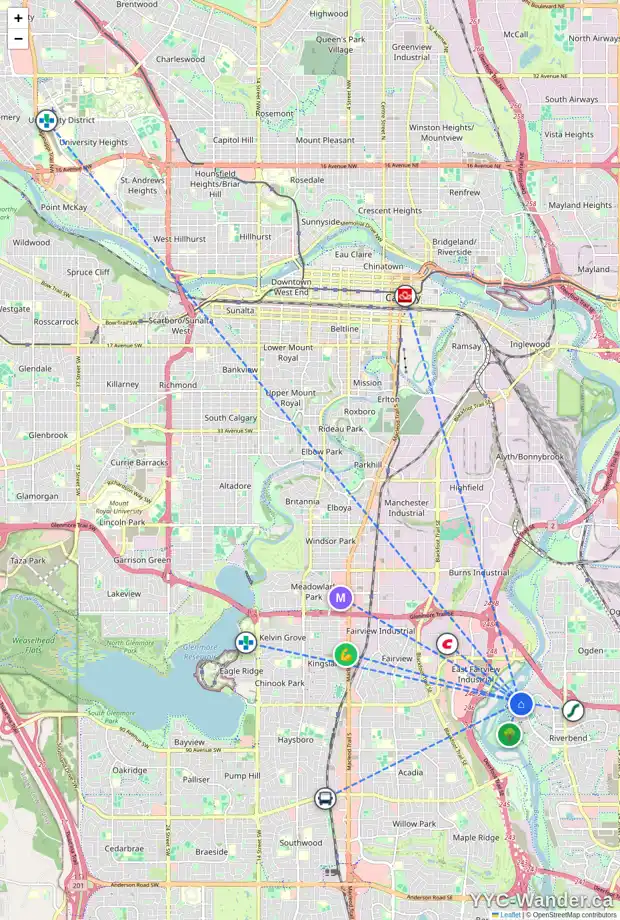 Daily accessibility map for 155 RIVERSIDE ME SE, Calgary showing nearby schools, grocery stores, parks, LRT stations and nearby amenities