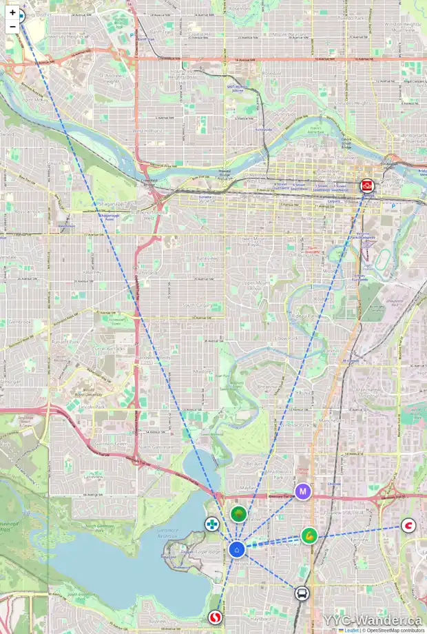 Daily accessibility map for 1320 CRAIG RD SW, Calgary showing nearby schools, grocery stores, parks, LRT stations and nearby amenities