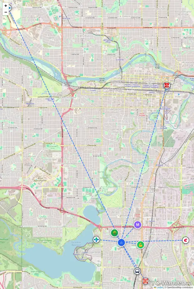 Daily accessibility map for 7315 KEEWATIN ST SW, Calgary showing nearby schools, grocery stores, parks, LRT stations and nearby amenities