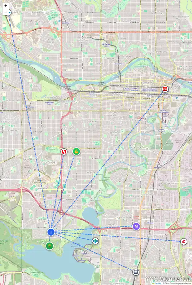 Daily accessibility map for 6730 LEPINE CO SW, Calgary showing nearby schools, grocery stores, parks, LRT stations and nearby amenities