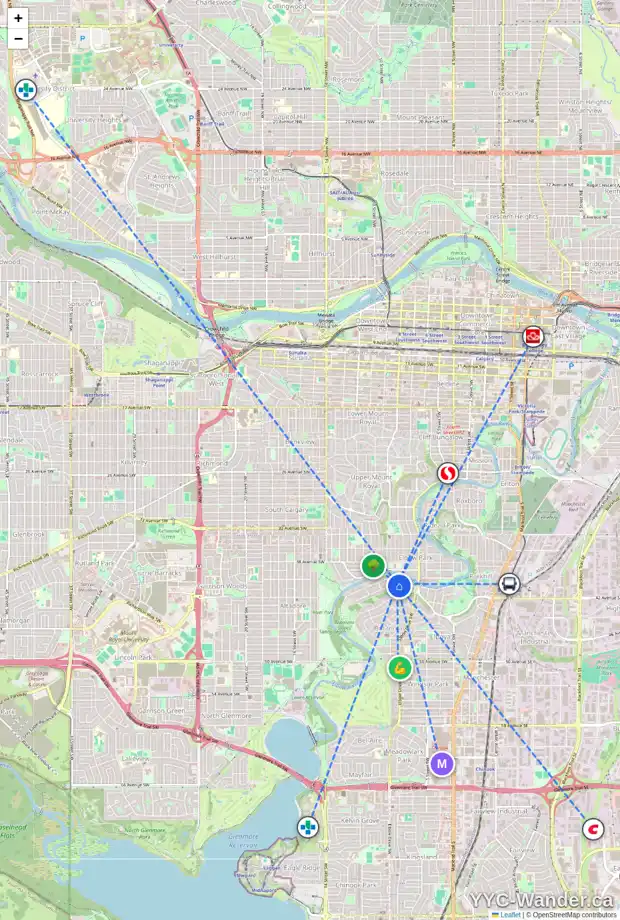 Daily accessibility map for 801 RIVERDALE AV SW, Calgary showing nearby schools, grocery stores, parks, LRT stations and nearby amenities