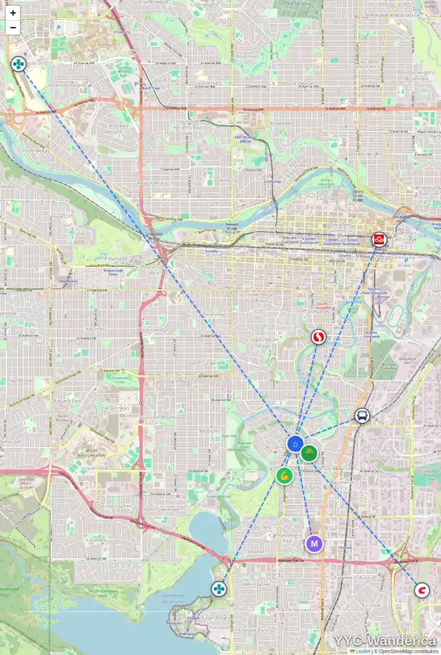 Daily accessibility map for 654 CRESCENT BV SW, Calgary showing nearby schools, grocery stores, parks, LRT stations and nearby amenities