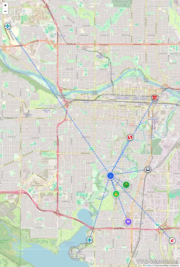Daily accessibility map for 4323 BRITANNIA DR SW, Calgary showing nearby schools, grocery stores, parks, LRT stations and nearby amenities