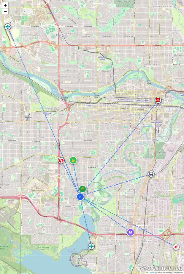 Daily accessibility map for 1932 50 AV SW, Calgary showing nearby schools, grocery stores, parks, LRT stations and nearby amenities