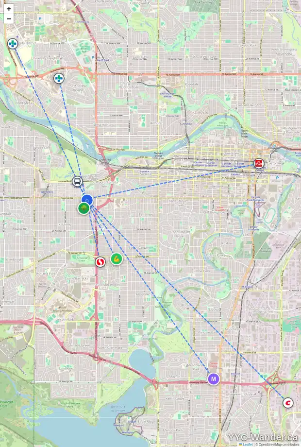 Daily accessibility map for 408 1900 25A ST SW, Calgary showing nearby schools, grocery stores, parks, LRT stations and nearby amenities