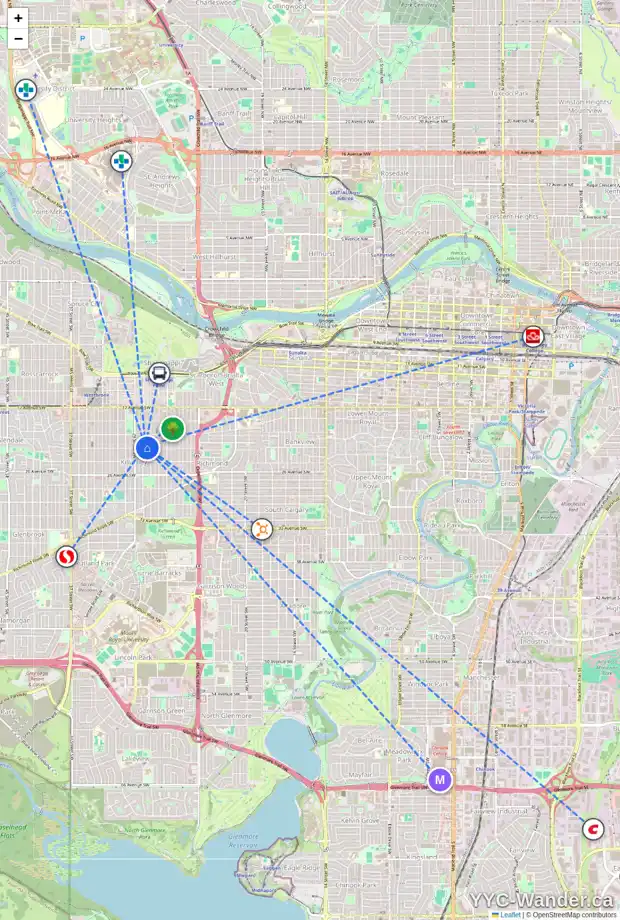 Daily accessibility map for 2238 28 ST SW, Calgary showing nearby schools, grocery stores, parks, LRT stations and nearby amenities