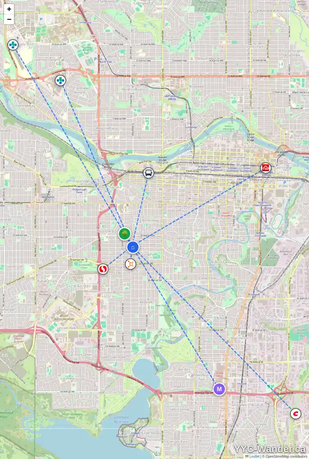Daily accessibility map for 1924 29 AV SW, Calgary showing nearby schools, grocery stores, parks, LRT stations and nearby amenities