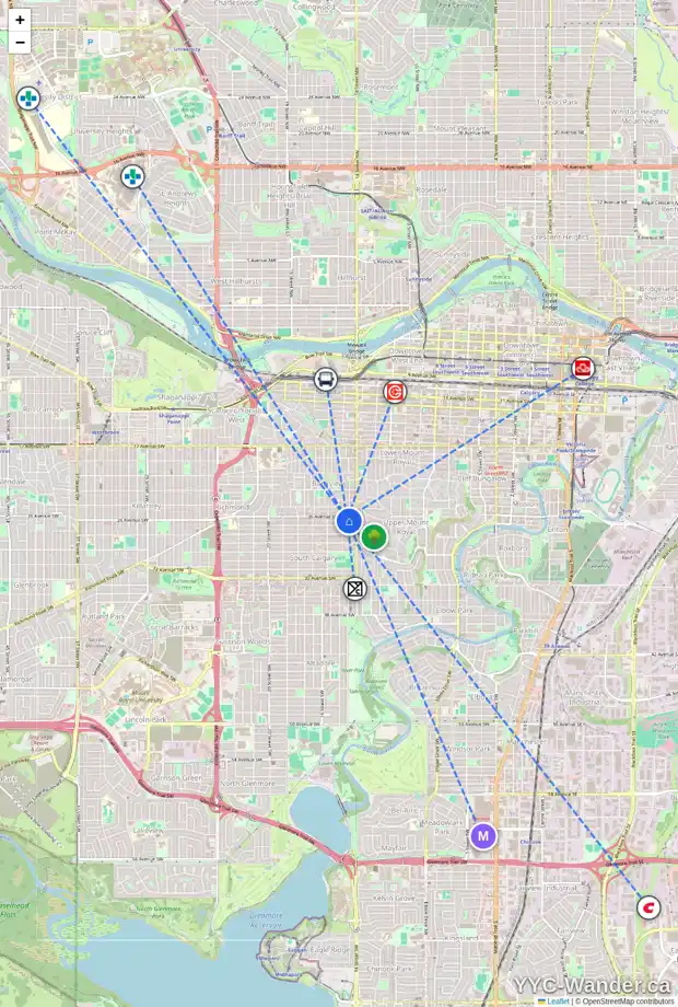 Daily accessibility map for 303 1529 26 AV SW, Calgary showing nearby schools, grocery stores, parks, LRT stations and nearby amenities