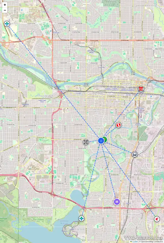 Daily accessibility map for 3414 8A ST SW, Calgary showing nearby schools, grocery stores, parks, LRT stations and nearby amenities