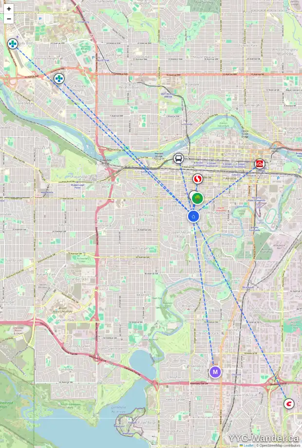 Daily accessibility map for 2104 8 ST SW, Calgary showing nearby schools, grocery stores, parks, LRT stations and nearby amenities