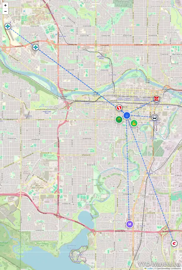 Daily accessibility map for 612 639 14 AV SW, Calgary showing nearby schools, grocery stores, parks, LRT stations and nearby amenities