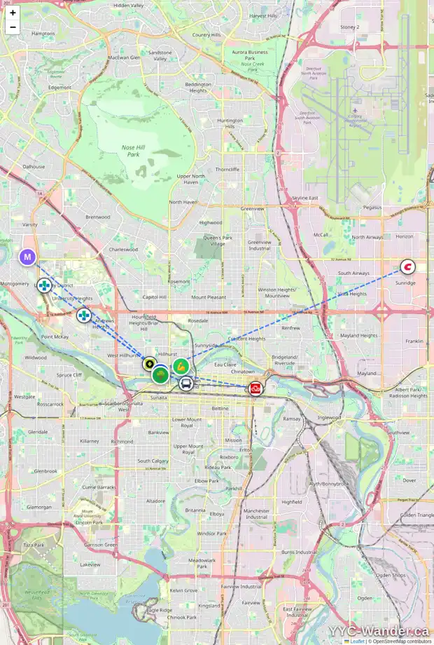 Daily accessibility map for 1715 BOWNESS RD NW, Calgary showing nearby schools, grocery stores, parks, LRT stations and nearby amenities