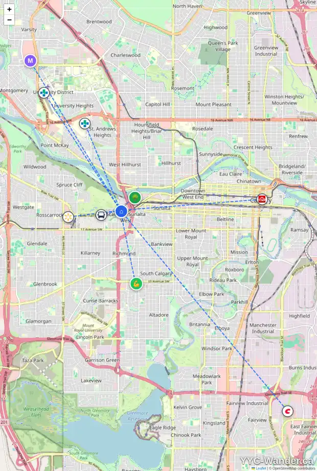 Daily accessibility map for 2416 SANDHURST AV SW, Calgary showing nearby schools, grocery stores, parks, LRT stations and nearby amenities