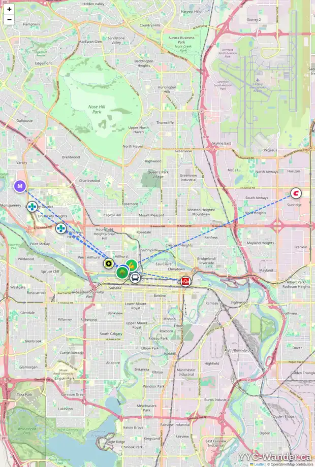 Daily accessibility map for 1606 BROADVIEW RD NW, Calgary showing nearby schools, grocery stores, parks, LRT stations and nearby amenities