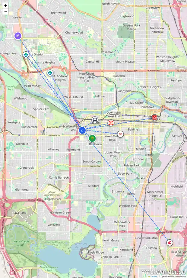 Daily accessibility map for 509 SONORA AV SW, Calgary showing nearby schools, grocery stores, parks, LRT stations and nearby amenities