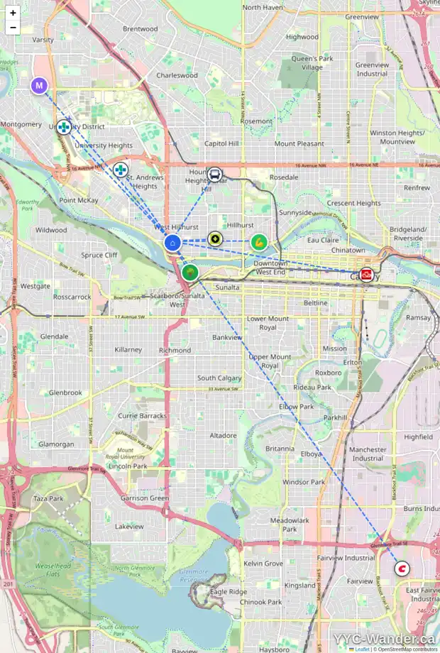 Daily accessibility map for 2422 WESTMOUNT RD NW, Calgary showing nearby schools, grocery stores, parks, LRT stations and nearby amenities