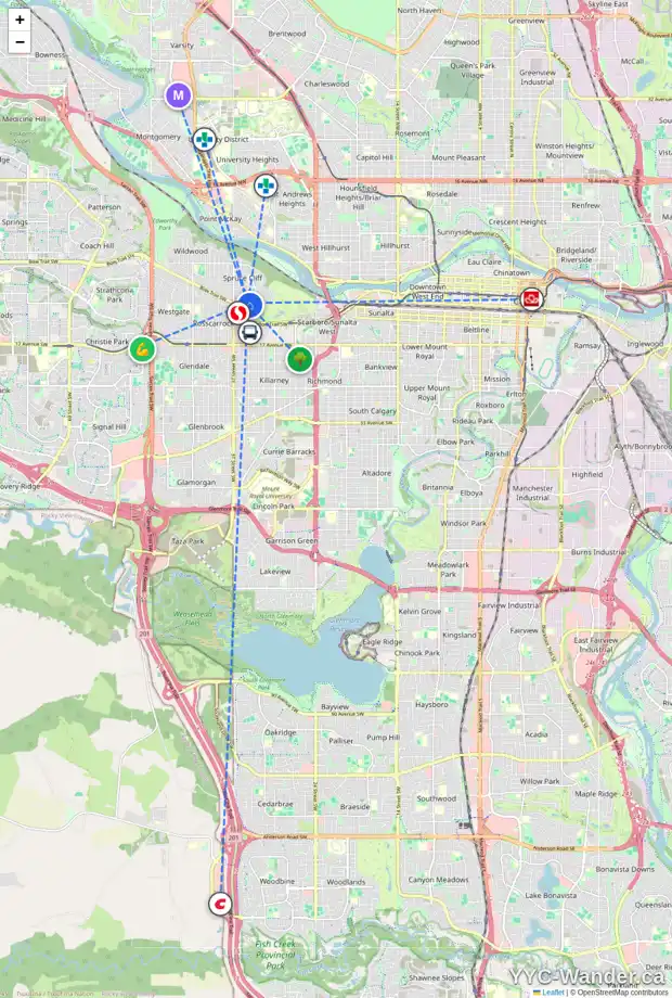 Daily accessibility map for 719 POPLAR RD SW, Calgary showing nearby schools, grocery stores, parks, LRT stations and nearby amenities