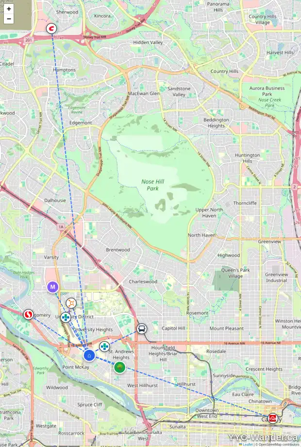 Daily accessibility map for 916 36A ST NW, Calgary showing nearby schools, grocery stores, parks, LRT stations and nearby amenities