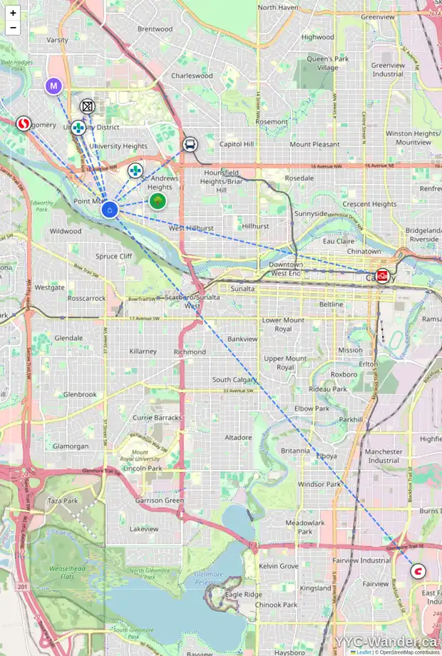 Daily accessibility map for 151 35 ST NW, Calgary showing nearby schools, grocery stores, parks, LRT stations and nearby amenities