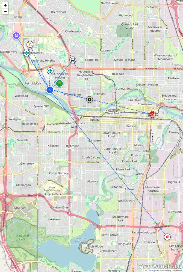 Daily accessibility map for 527 31 ST NW, Calgary showing nearby schools, grocery stores, parks, LRT stations and nearby amenities