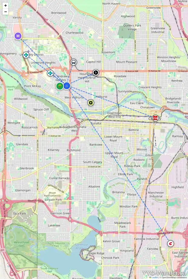 Daily accessibility map for 2531 11 AV NW, Calgary showing nearby schools, grocery stores, parks, LRT stations and nearby amenities