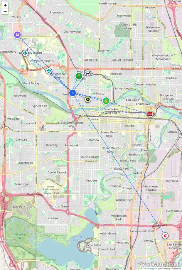 Daily accessibility map for 2335 4 AV NW, Calgary showing nearby schools, grocery stores, parks, LRT stations and nearby amenities