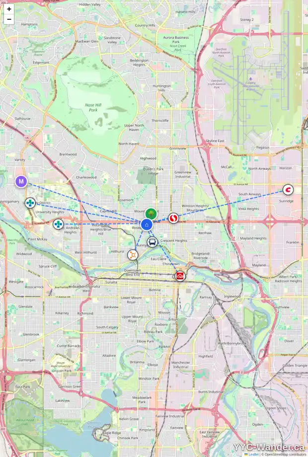 Daily accessibility map for 1622 7 ST NW, Calgary showing nearby schools, grocery stores, parks, LRT stations and nearby amenities