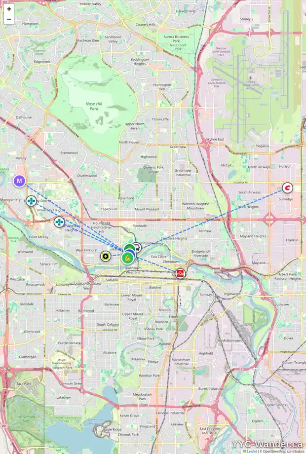 Daily accessibility map for 223 11 ST NW, Calgary showing nearby schools, grocery stores, parks, LRT stations and nearby amenities