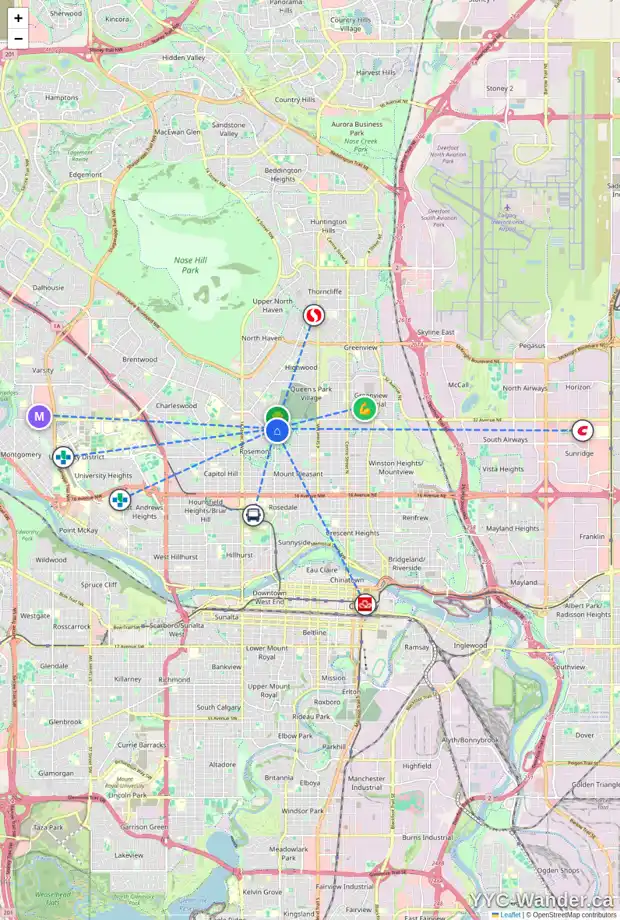 Daily accessibility map for 1019 30 AV NW, Calgary showing nearby schools, grocery stores, parks, LRT stations and nearby amenities
