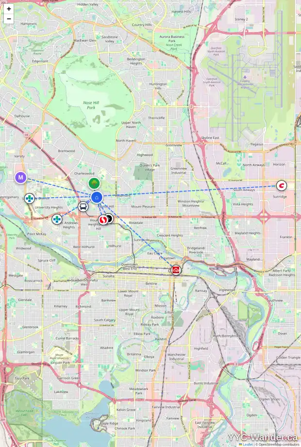 Daily accessibility map for 2515 MORLEY TR NW, Calgary showing nearby schools, grocery stores, parks, LRT stations and nearby amenities