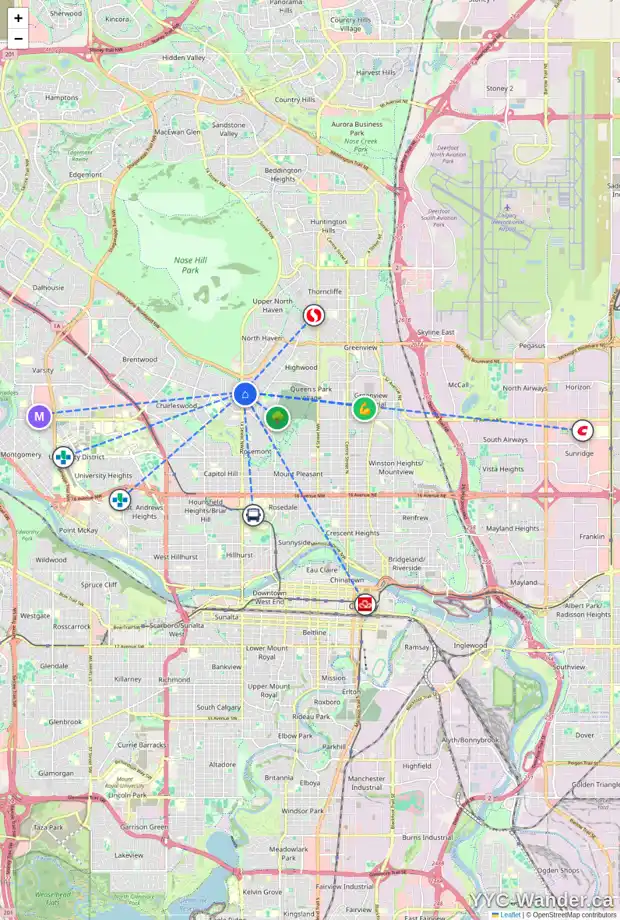 Daily accessibility map for 3828 14 ST NW, Calgary showing nearby schools, grocery stores, parks, LRT stations and nearby amenities
