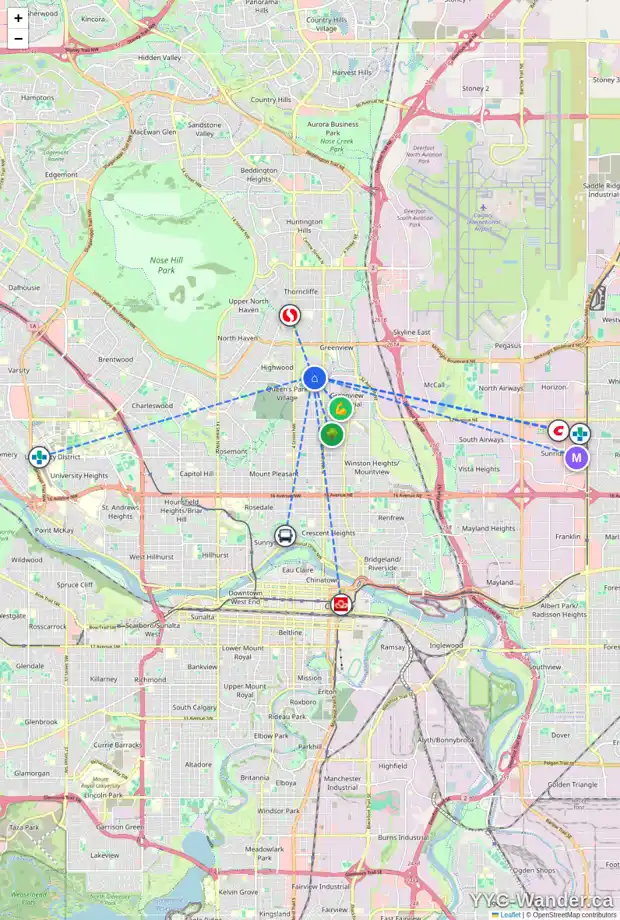 Daily accessibility map for 212 41 AV NW, Calgary showing nearby schools, grocery stores, parks, LRT stations and nearby amenities