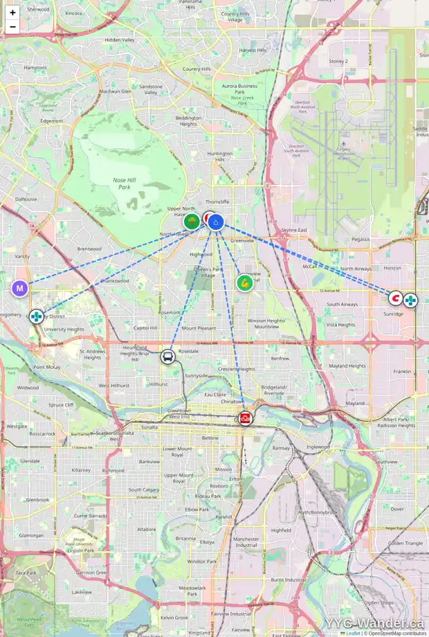 Daily accessibility map for 419 54 AV NW, Calgary showing nearby schools, grocery stores, parks, LRT stations and nearby amenities
