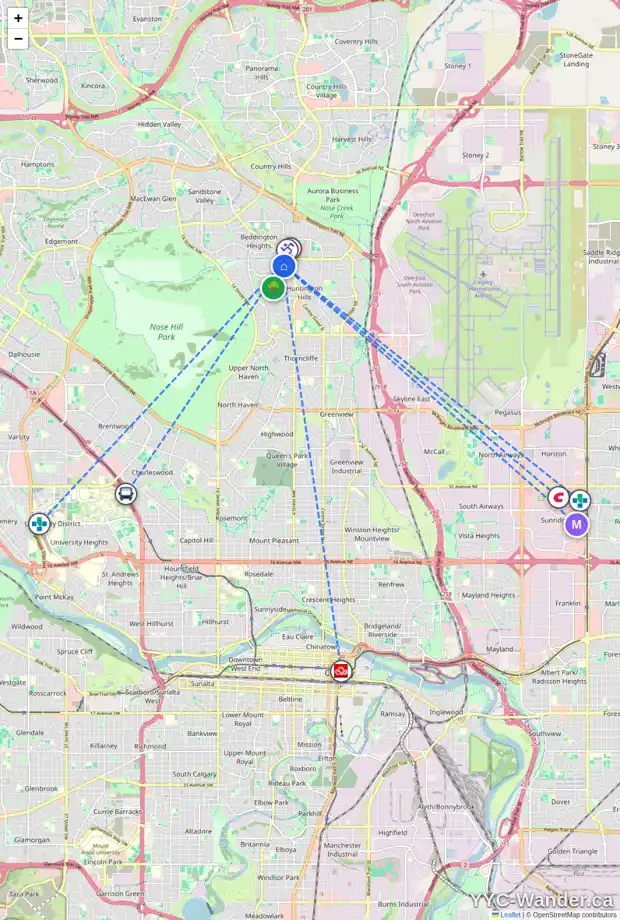 Daily accessibility map for 640 HUNTERSTON CR NW, Calgary showing nearby schools, grocery stores, parks, LRT stations and nearby amenities