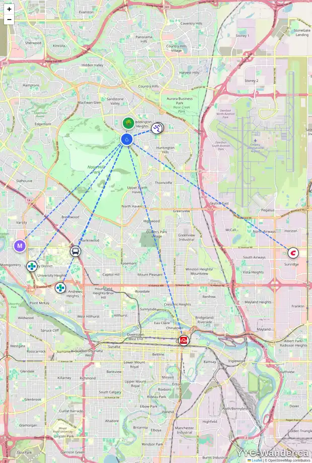 Daily accessibility map for 324 HUNTERBROOK PL NW, Calgary showing nearby schools, grocery stores, parks, LRT stations and nearby amenities