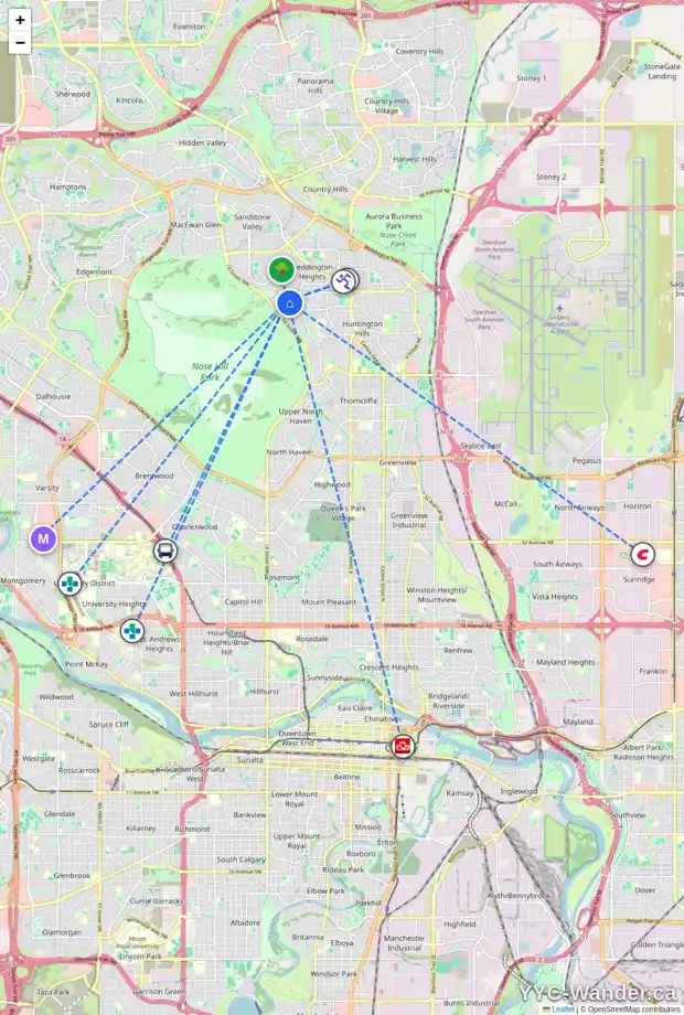 Daily accessibility map for 1478 HUNTERBROOK RD NW, Calgary showing nearby schools, grocery stores, parks, LRT stations and nearby amenities