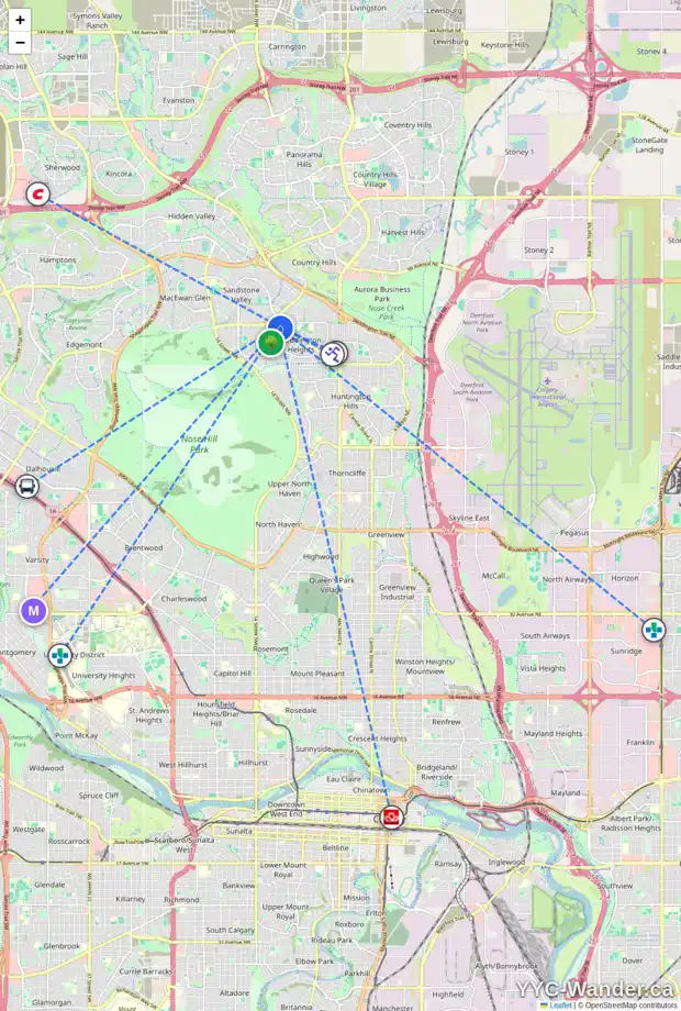Daily accessibility map for 19 BERWICK CR NW, Calgary showing nearby schools, grocery stores, parks, LRT stations and nearby amenities