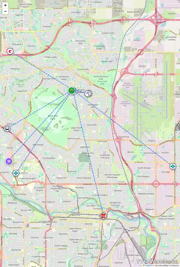 Daily accessibility map for 8506 BERWICK RD NW, Calgary showing nearby schools, grocery stores, parks, LRT stations and nearby amenities